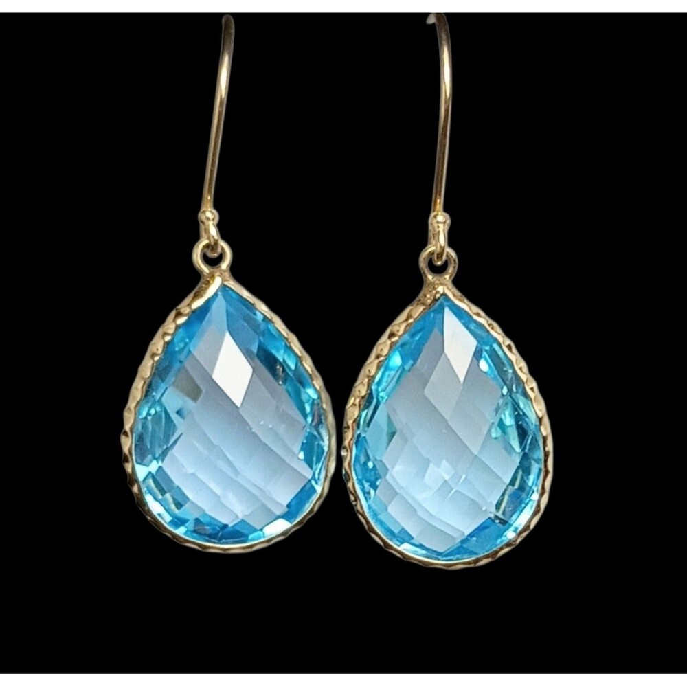 14K Yellow Gold Swiss Blue Topaz Drop Dangle French Wire Earrings - Picture 6 of 12